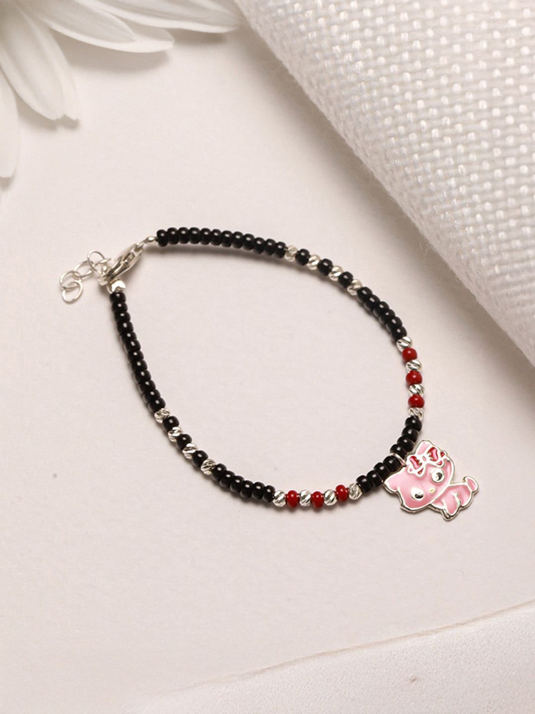 925 Sterling Silver Black Beads Hello Kitty  Charms Adjustable Bracelet