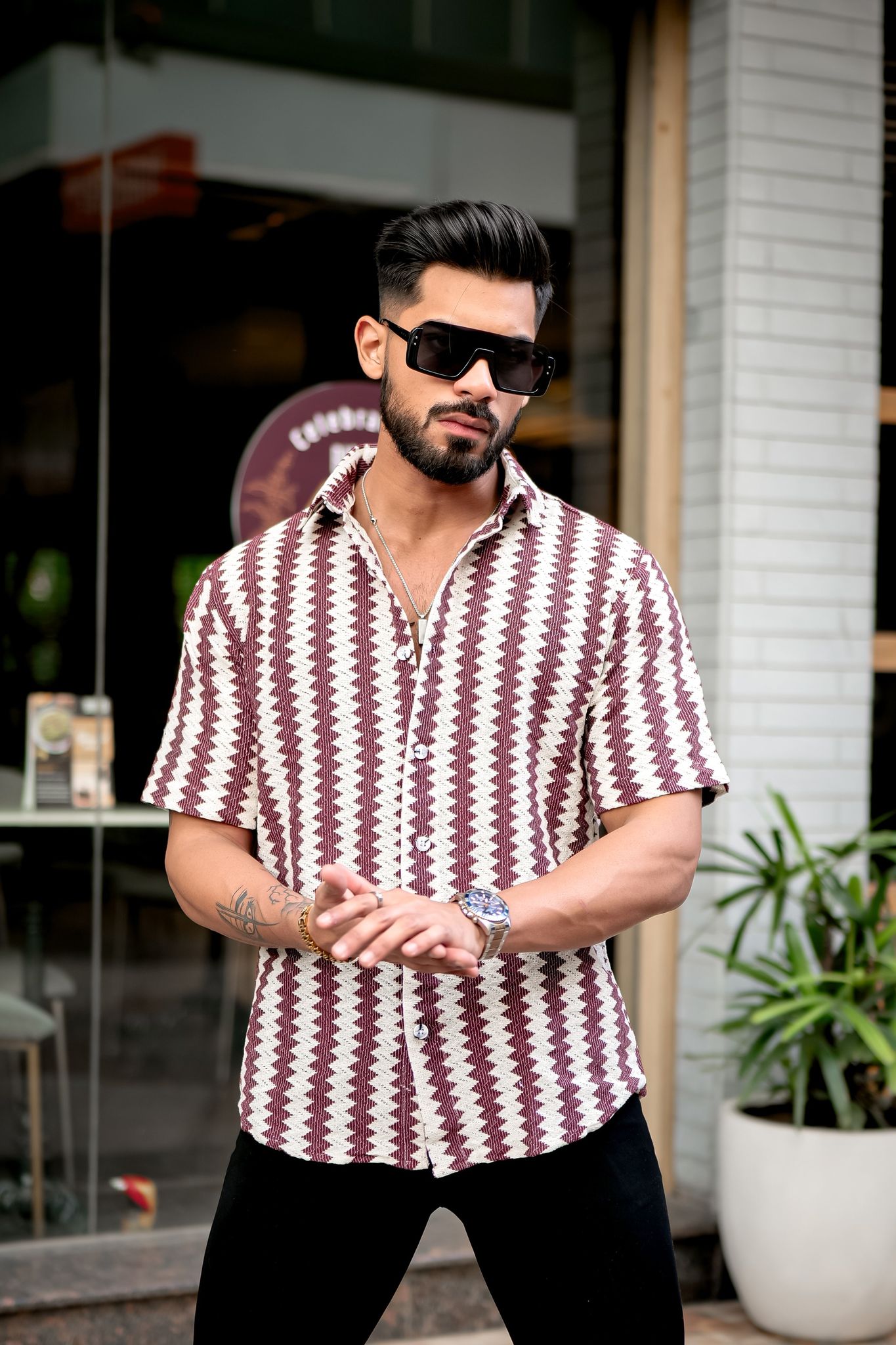 Mehroon Striped wavy Crochet Shirt