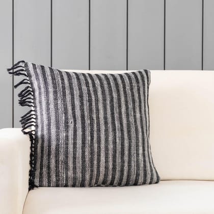 Handwoven Upcycled Black and White Wool and Oak Silk Cushion Cover 18x18 Inches Pack of 1