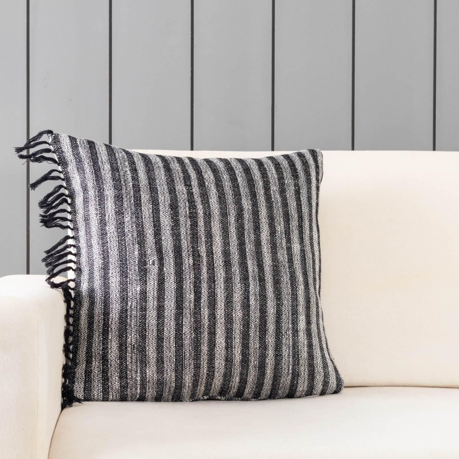 Handwoven Upcycled Black and White Wool and Oak Silk Cushion Cover 18x18 Inches Pack of 1