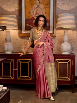 Dusty Pink Pure Tussar Silk Woven Designed Weaving Saree