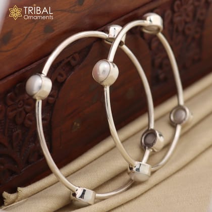 925 sterling silver plain bangle bracelet with gorgeous natural pearl stone floral design bangles girl's jewelry ba128-2.25