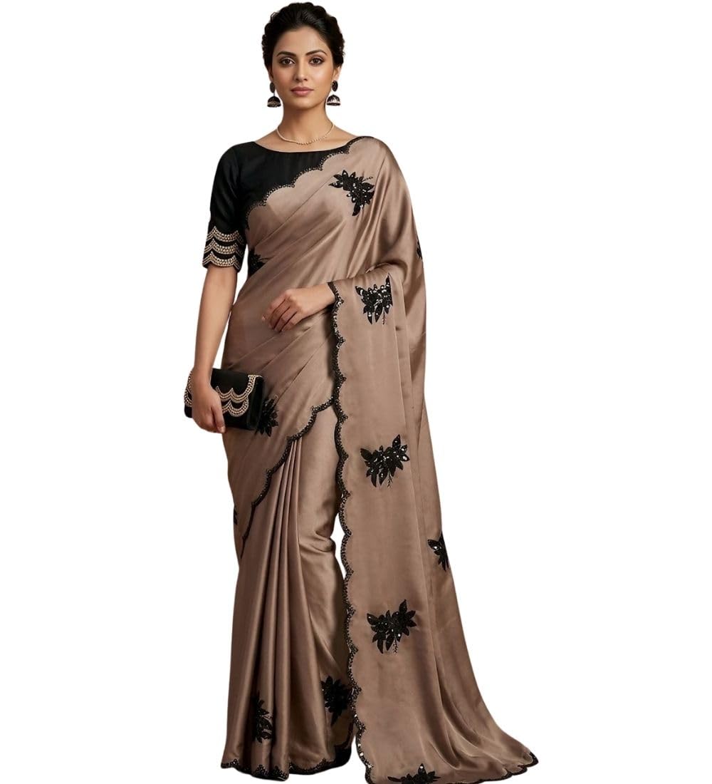 Women's Viscose Silk Embroidered Saree With Unstitched Blouse 5.5Mtr (Beige)-PID67232