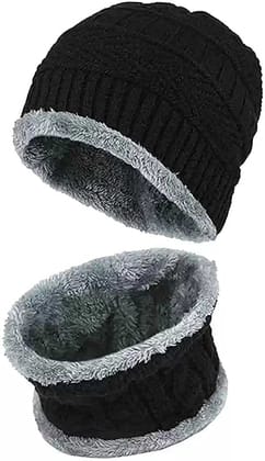 Ultra Soft Unisex Woollen Beanie Cap Plus Neck Warmer Muffler Scarf Set for Men Women Girl Boy - (Inside Fur) Warm, Snow Proof Knit Hat Thick Fleece Lined Winter Hat