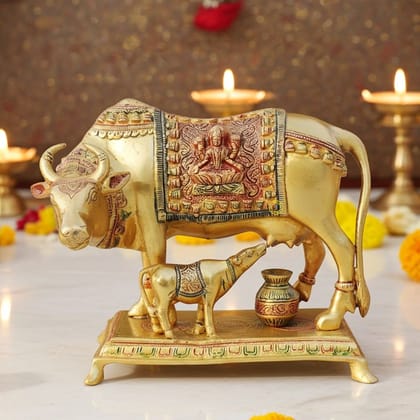 Brass Cow & Calf Statue - Indian Traditional Decor, Height : 8.5 Inch (BSMAS1012 E)