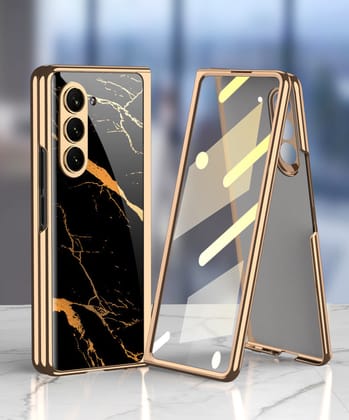 Royal Gold Plated Marble Pattern Luxury Cover(with front glass protector)-Samsung Galaxy Z Fold 5