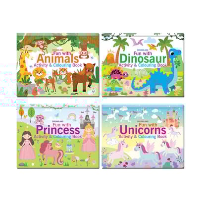 Fun with Activity & Colouring Books Pack- A Set of 4 Books with 3 - 8 Years | Animals, Dinosaur, Princess, Unicorns [Paperback] Dreamland Publications