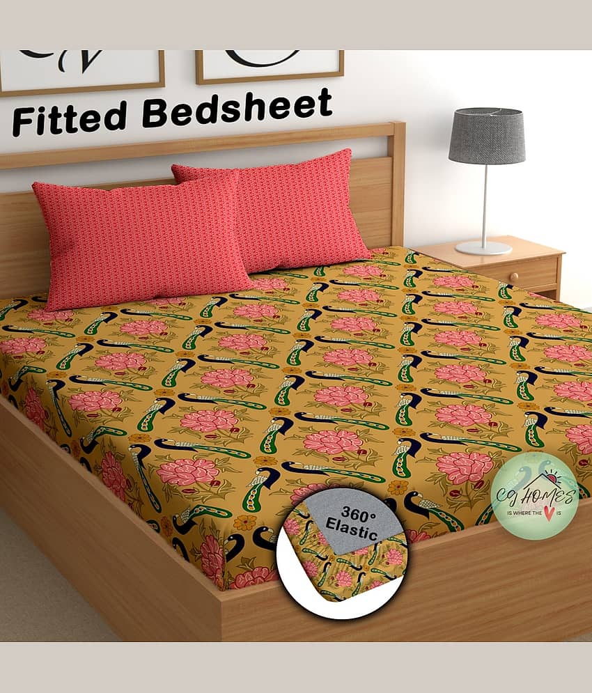 CG HOMES Cotton Floral Fitted Fitted bedsheet with 2 Pillow Covers ( Double Bed ) - Brown