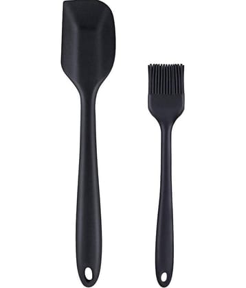 Baskety Silicone Mixing Spatula and Basting Brush Kitchen Set ( Pack of 2, Black )