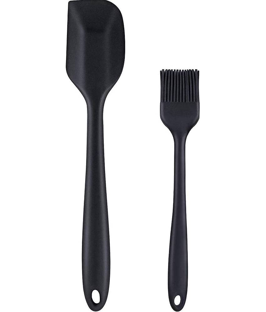 Baskety Silicone Mixing Spatula and Basting Brush Kitchen Set ( Pack of 2, Black )