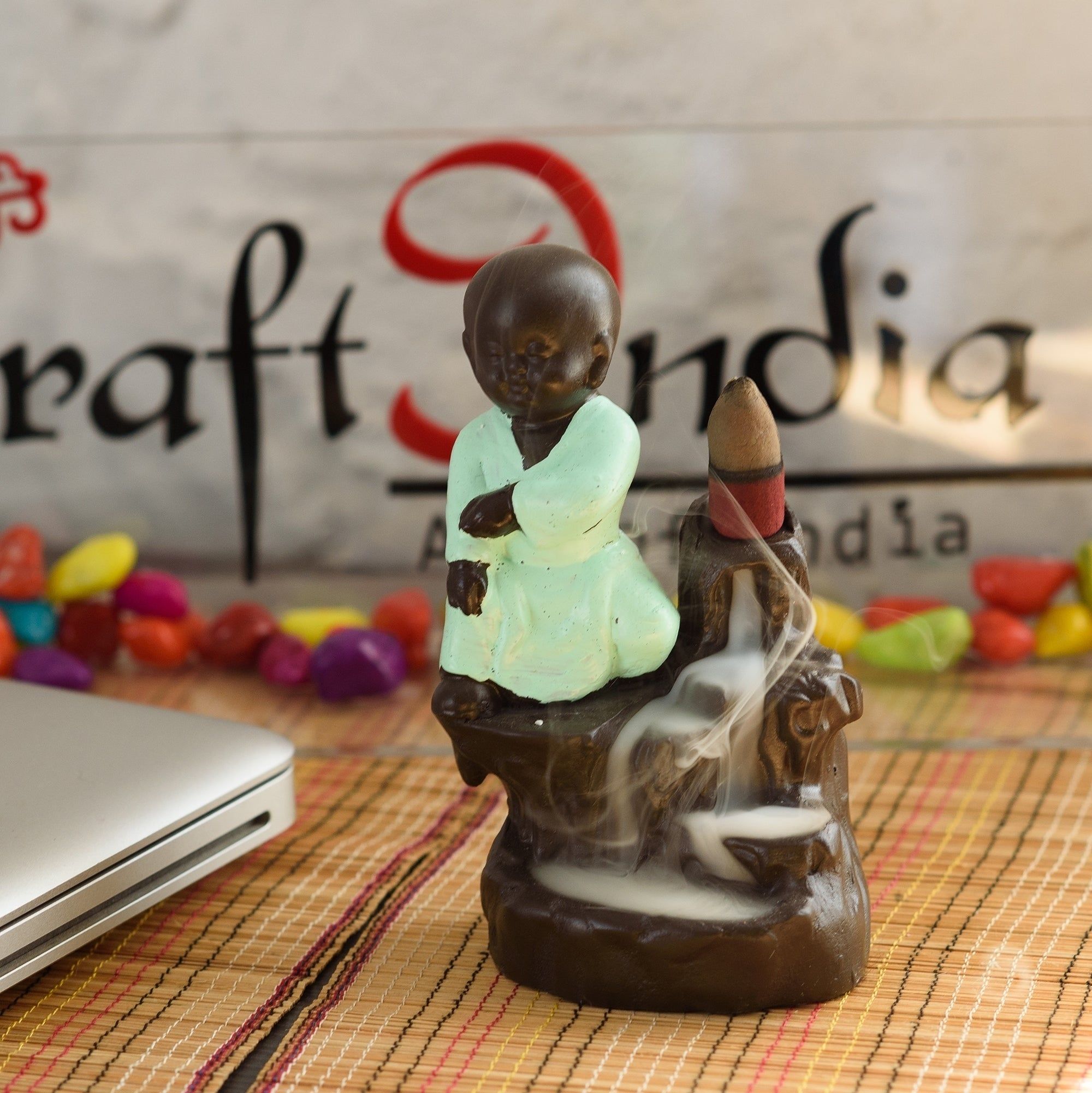 Karate Style Monk Buddha Statue Smoke Backflow Cone Incense Holder Decorative Showpiece with 10 free Smoke Backflow Scented Cone Incenses(Green and Brown)