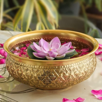 IndianArtVilla Handcrafted Brass Urli, Embossed Ornate Floral Design, Decorative Urli Bowl-750ml