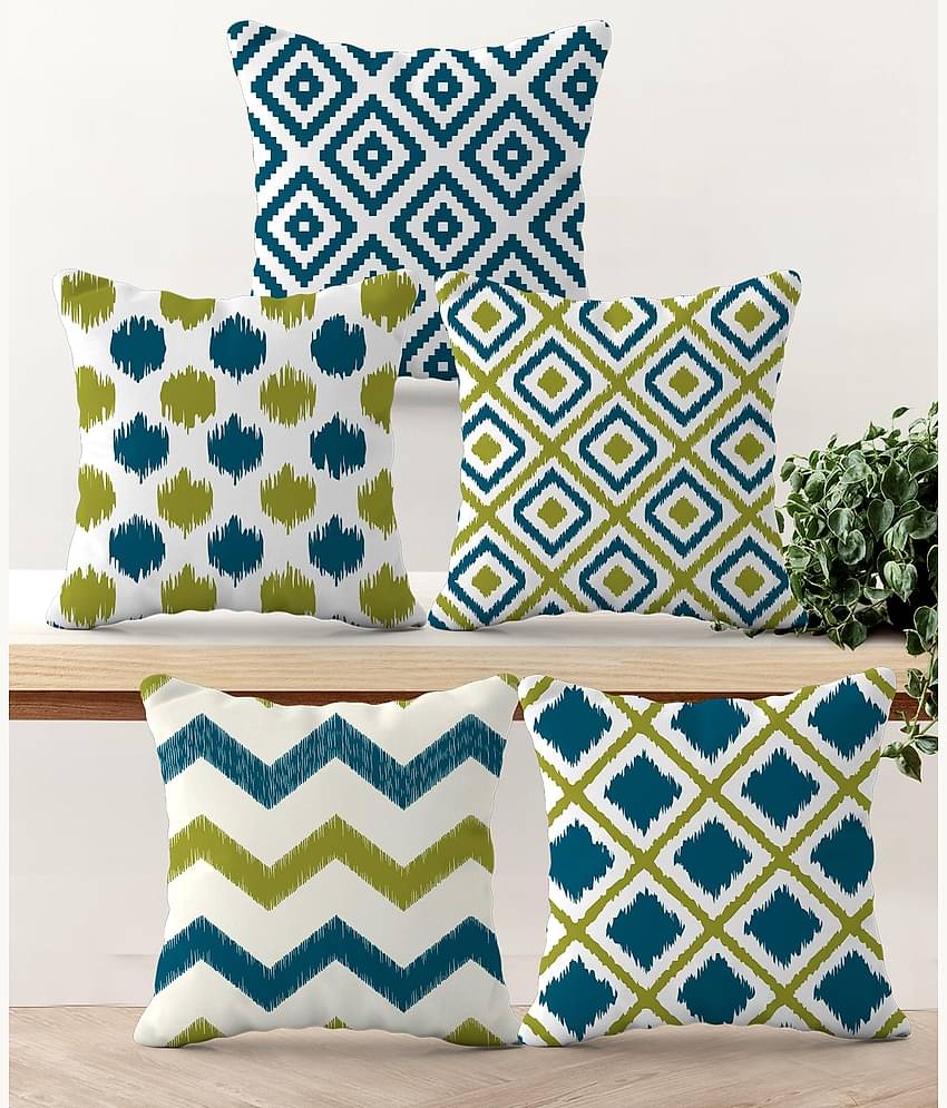 Crosmo Set of 5 Polyester Abstract Square Cushion Cover (40X40)cm - Blue
