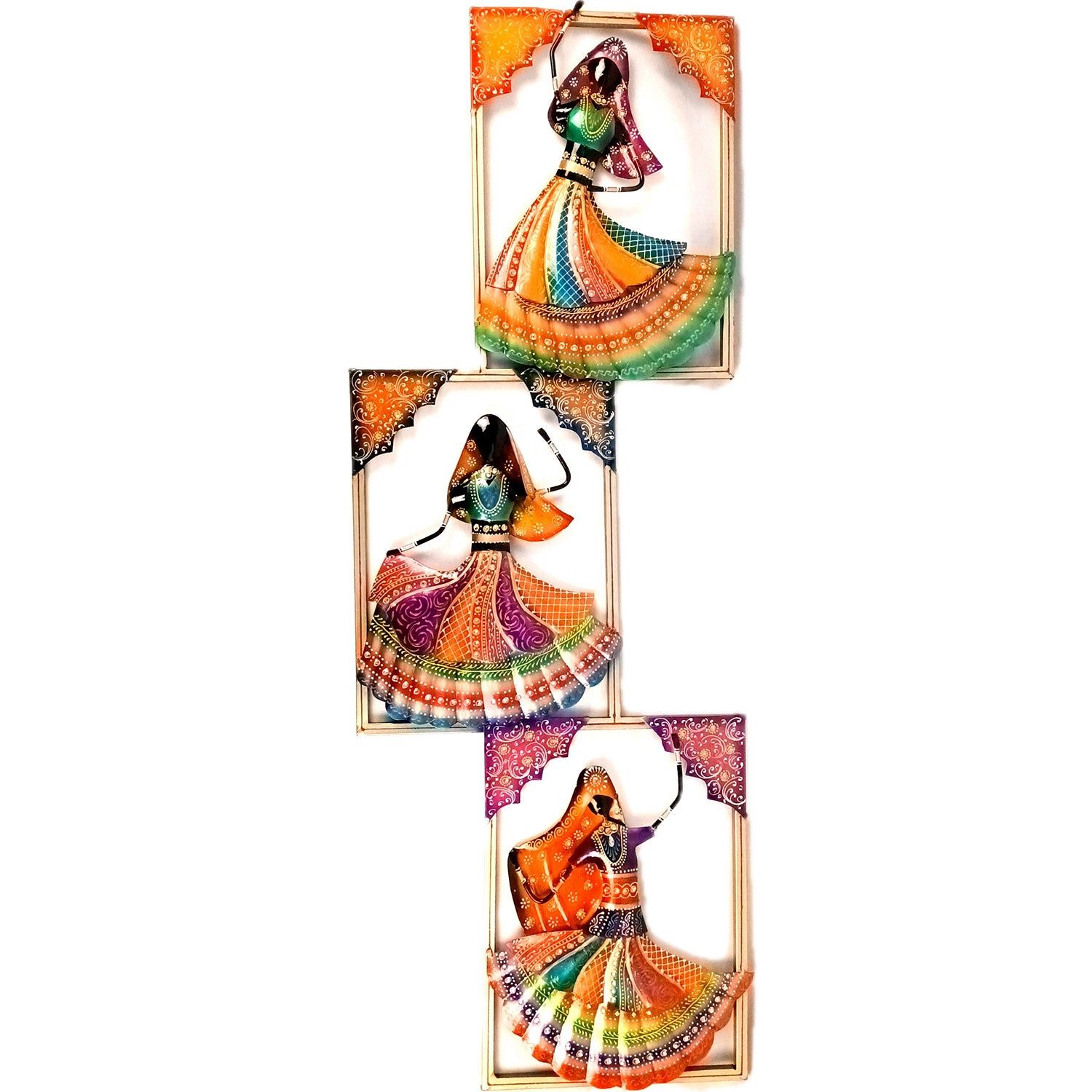 Dancing Ladies Wall Hanging - Jharokha Design | Metal Wall Art With Vibrant Hand Painting - For Home, Big Walls, Living Room, Large Spaces & Gifts - 44 Inch