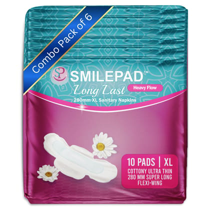 Smilepad Long Last Sanitary Pads for Women | 280mm XL Size Cottony Ultra-thin Sanitary Napkins with Long Flexi Wings for Extra Coverage | Combo Pack of 6 - (60 Pads)
