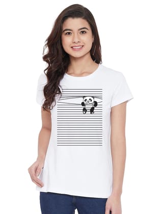 Women's Cotton Blend Peeping Panda Printed T-Shirt M (White)