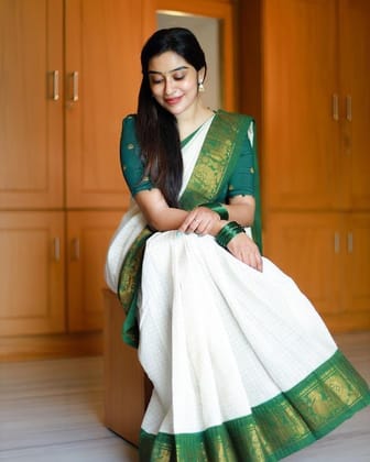 White Pooja Special Lichi Silk Banarasi Kanjivaram Saree