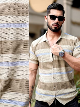 Tricot FlatKnit Cotton Beige Half Sleeve Shirt-S / Beige