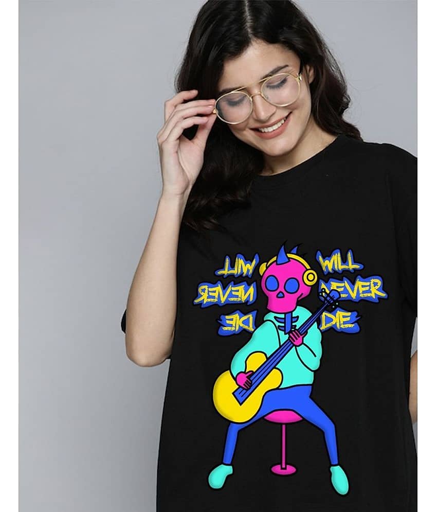 Veirdo Women Cotton Printed Oversized Fit Round Neck T-Shirt ( Black )