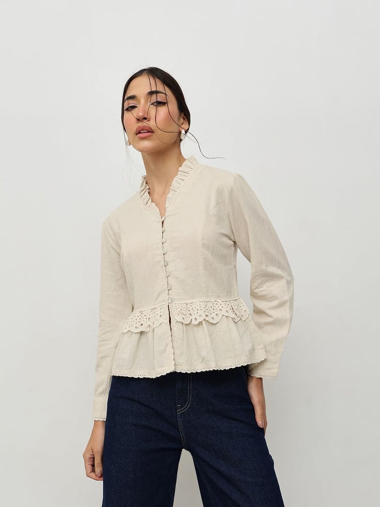 Beige Vintage Ruffle Top