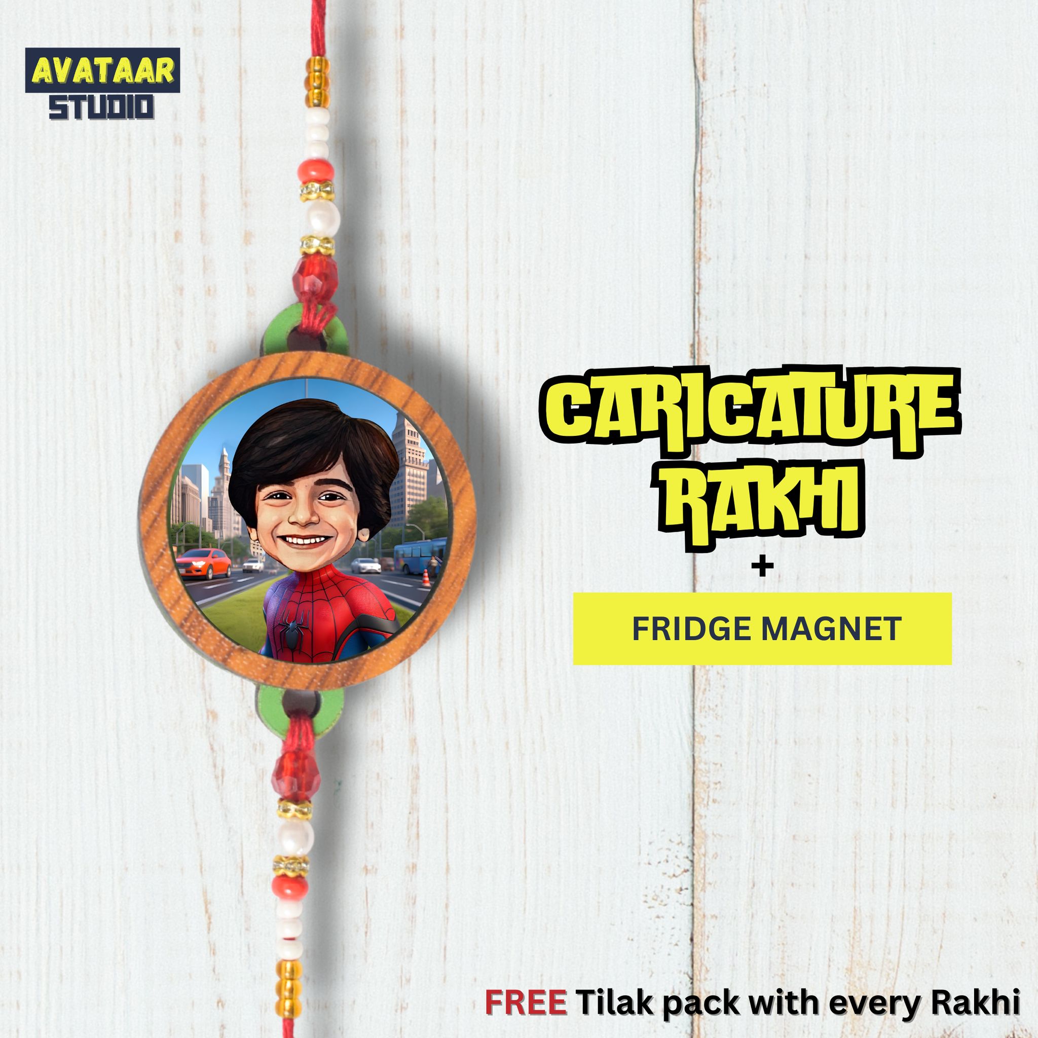 Personalized Caricature Rakhi with Fridge Magnet Unique Rakhi for Brother Caricature Durable Caricature Rakhi for Bhai Customised Photo Rakhi for Rakshabandhan (SPIDER-MAN)