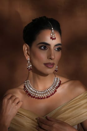 Lopa Red Rose Gold Polki Necklace Set with Maang Tikka-Polki