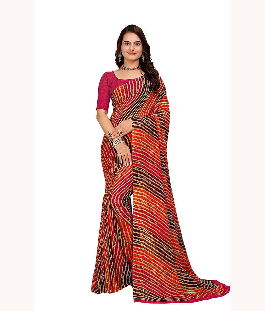 Kanooda Prints Georgette Printed Saree With Unstitched Blouse Piece ( Rani )