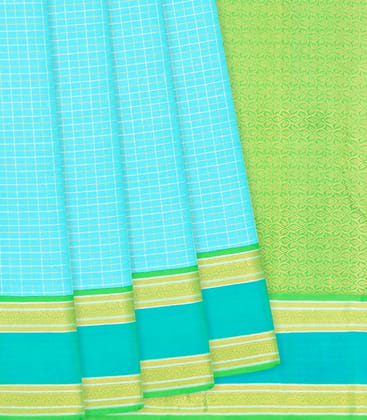 Turquoise Handloom Kanchipuram Silk Saree With Checks-Turquoise-Turquoise
