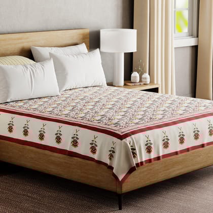 Hand Block Printed Bed Cover 90x108-Orange / Maroon / Green / 100% Cotton / 90x108