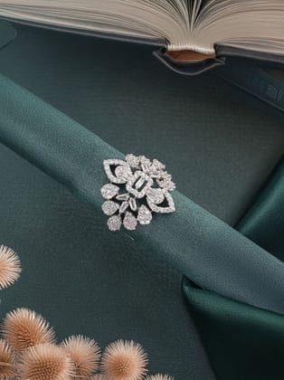 White Rhodium Plated Zircon Studded Floral Designer Cocktail Marriage Finger Ring