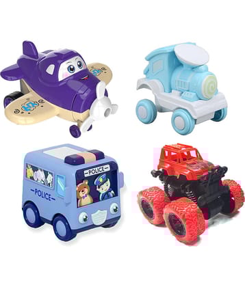 RAINBOW RIDERS Combo of 4 Toy Set (Deform Cartoon Robot Plane & Cartoon Mini Bus & Small Train 360-degree & Mini Monster Car) For Kids Boys Girls Age 2 3+ Years