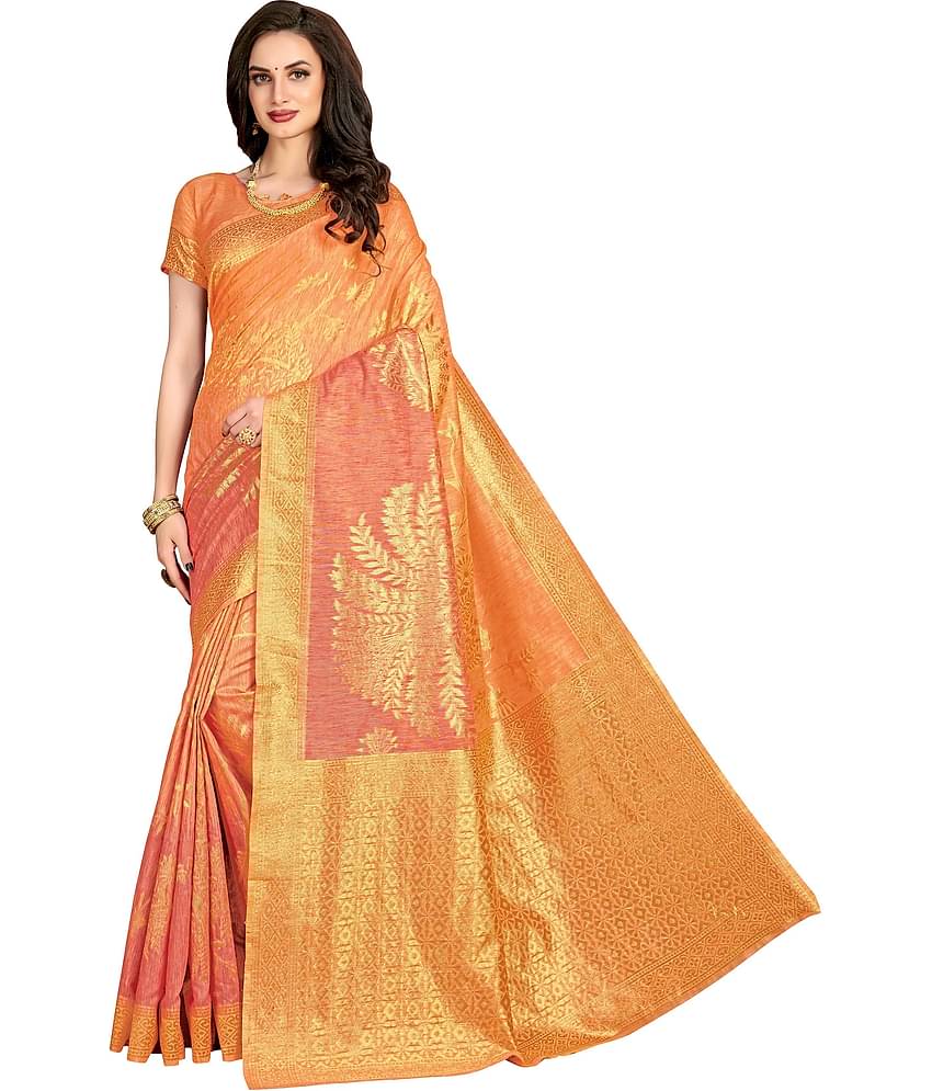 Sariya Linen Woven Saree With Unstitched Blouse Piece ( Orange )