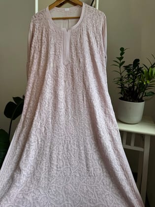 Viscose Chikankari Kurti with Pearl  Work - Pale Pink-Pale Pink / Viscose / L