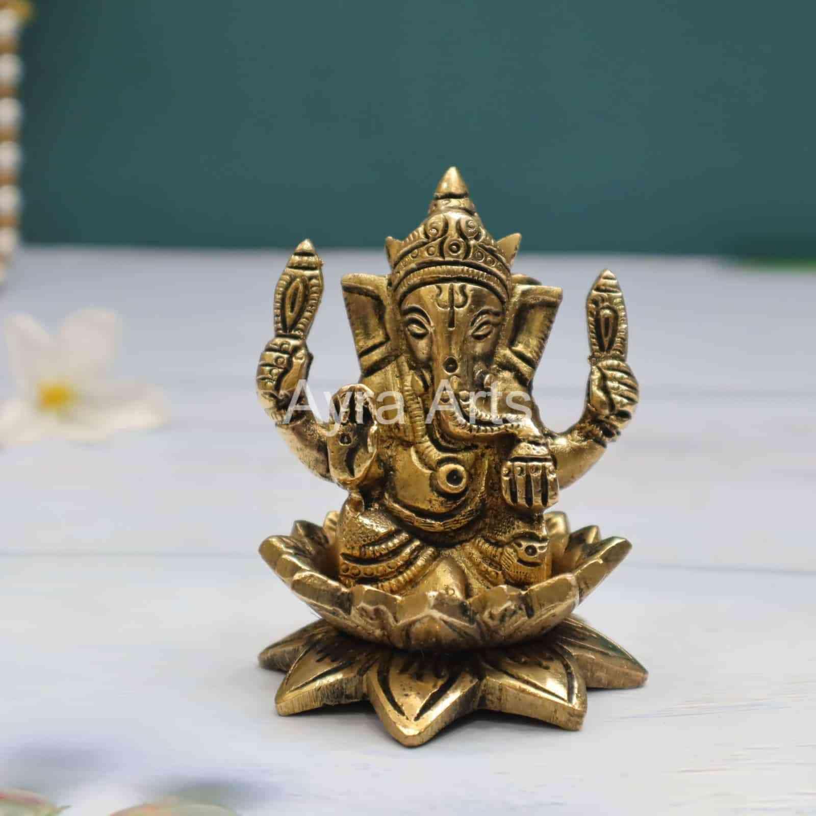 Intricately Carved Brass Ganesh Statue - 3.2 Inch Height