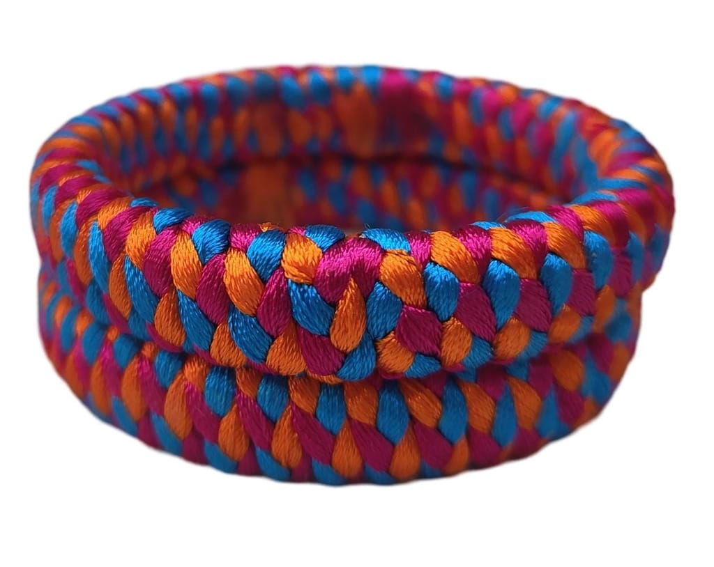 Handmade Braided Fabric Bangle in Blue, Orange and Pink