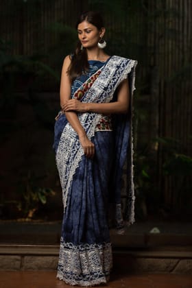 Awesome Indigo Blue Color Linen Digital Printed Sari 1083