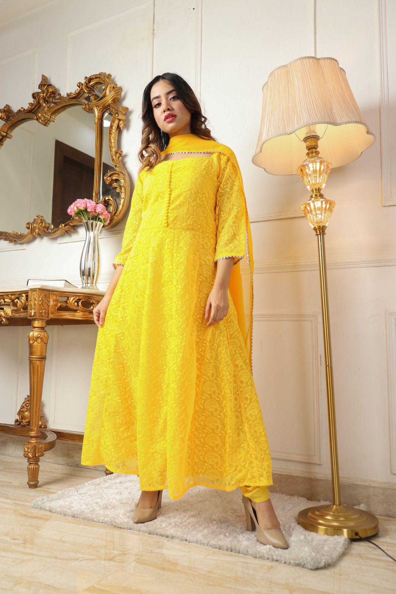 YELLOW COLORED BEAUTIFULL EMBROIDERY FLOOR TOUCH GOWN-XS