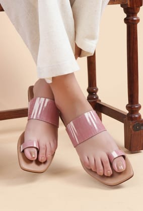 Flamingo Pink & Tortilla Brown Ikat One Toe Cruelty Free Leather Flats-39