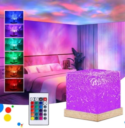 Ocean Wave Effect Night Light for Bedroom, 16 Colors Gradual Rotating LED Projection Night Lamp Projector for Bedroom Light Decor, Crystal Table Lamp for Home, Remote Control (Night Lamp)
