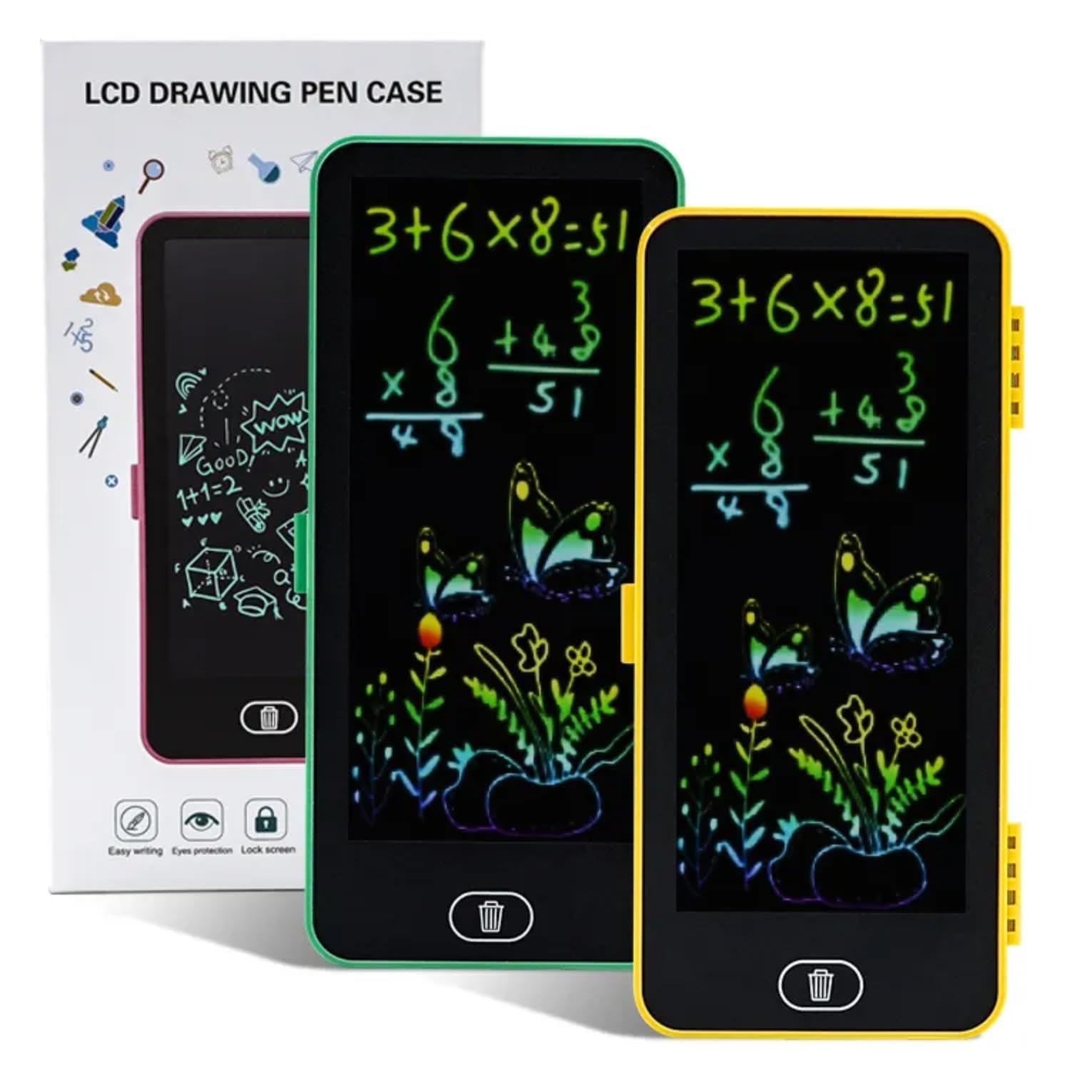 KD Enterprises Childrens Pencil Compass Box with LCD Writing Tablet Colourful Erasable Drawing Pad with Screen Lock Compact and Lightweight for Boys and Girls