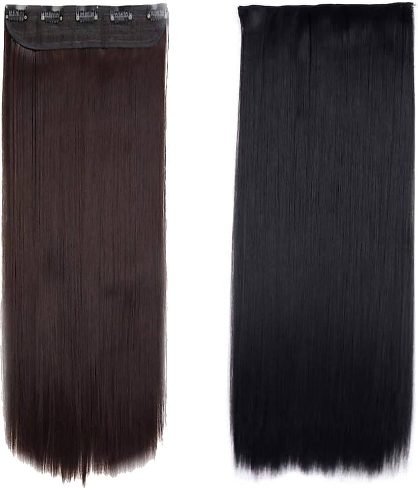 VSAKSH Women's Combo Of Synthetic Straight Hair Extension With 5 Clips (Brown & Black)
