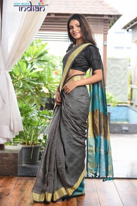 Pure Linen Grey Weave with Sleek Green Pallu and Gold Border