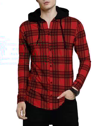 Eyebogler Cotton Blend Regular Fit Checks Full Sleeves Men's Hooded T-Shirt - Red ( Pack of 1 )