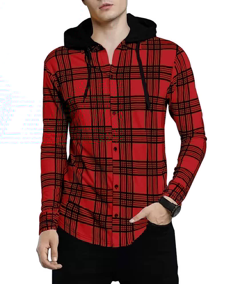 Eyebogler Cotton Blend Regular Fit Checks Full Sleeves Men's Hooded T-Shirt - Red ( Pack of 1 )