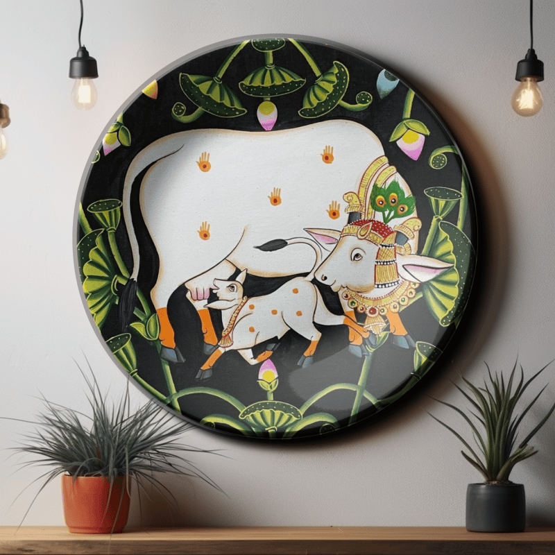 Cow and Calf Pichwai Wall Plate Vastu Home Décor-8 Inches
