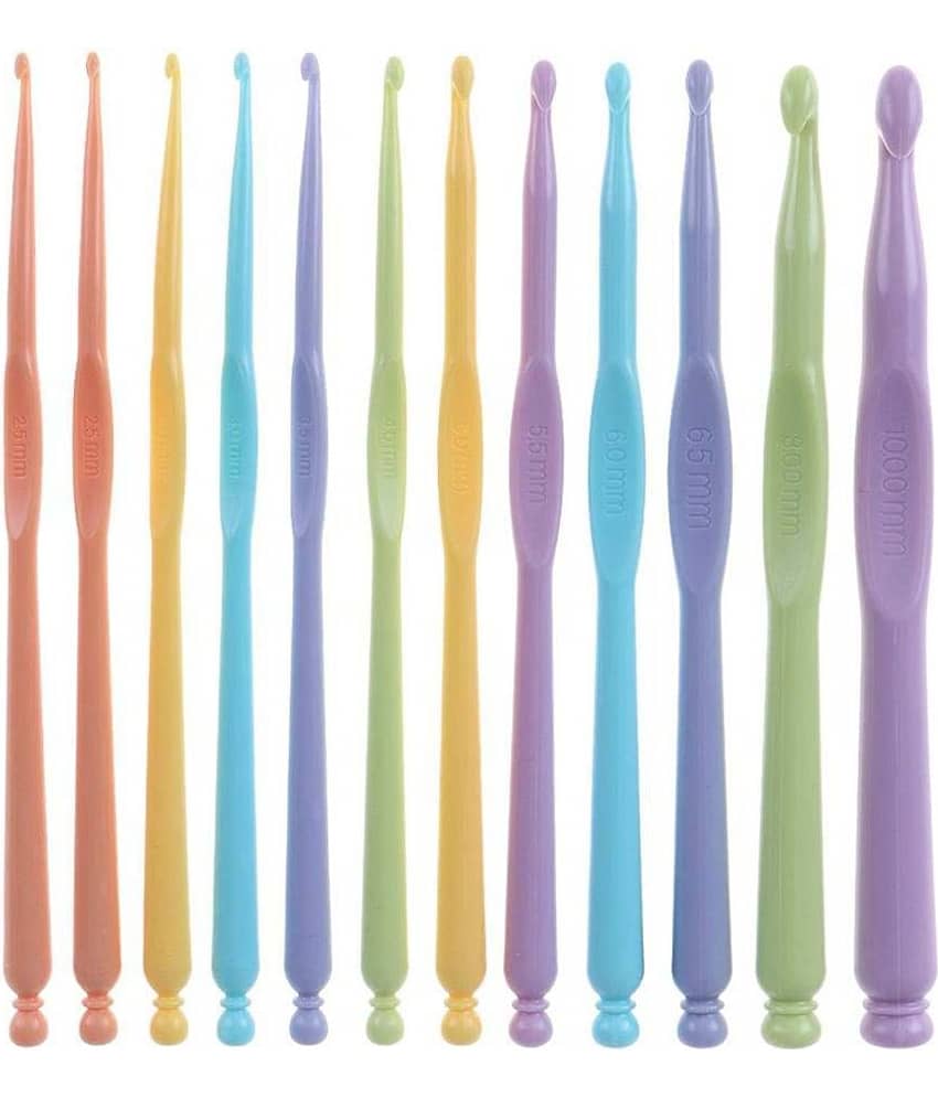 Pindia 12 Pcs Multicolor Plastic Crochet Knitting Needle Set for Sewing Craft Yarn (2.0 - 10.0mm)