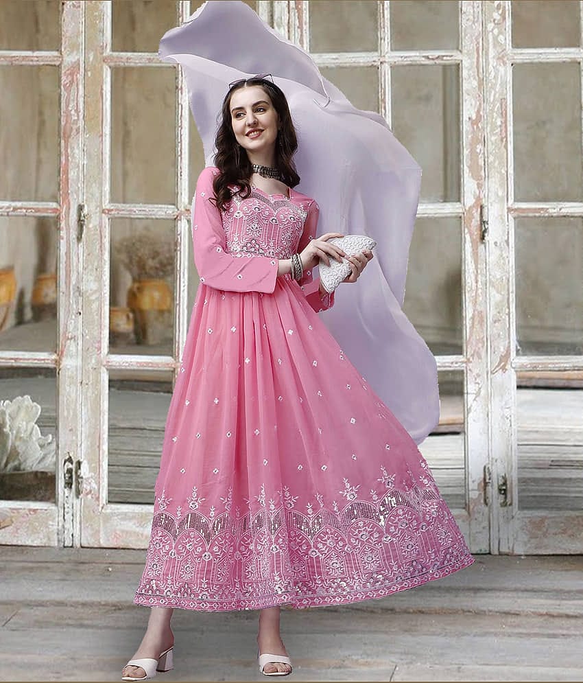 kedar fab Pink Anarkali Georgette Women's Stitched Ethnic Gown ( Pack of 1 )