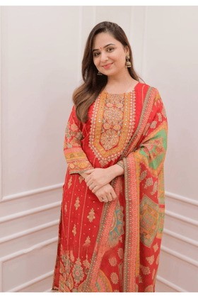 Red colour muslin kurta pant set-M-38