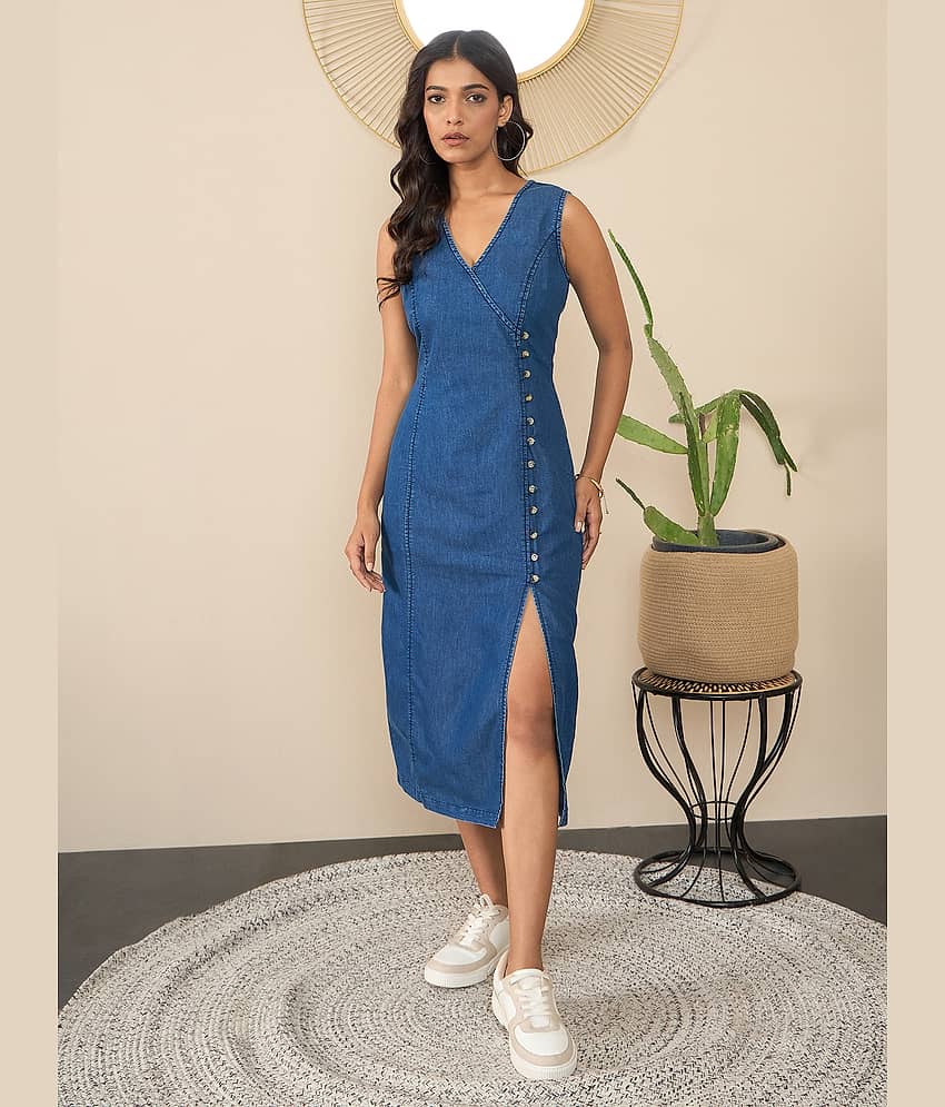 StyleStone Women Denim Solid Fit & Flare Dress ( Blue )