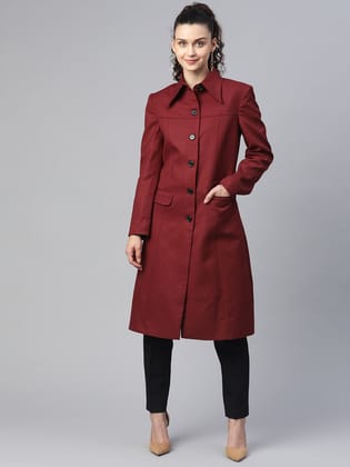 Solid Tweed Over Coat - Wine Red-M